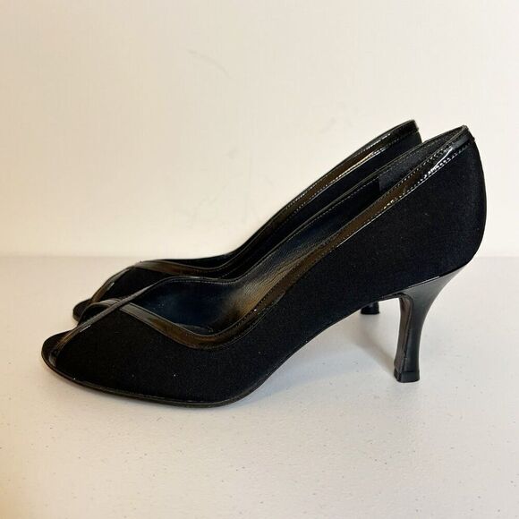 Stuart Weitzman Black Peep Toe Pumps with Patent Leather Trim Detail - Picture 4 of 7